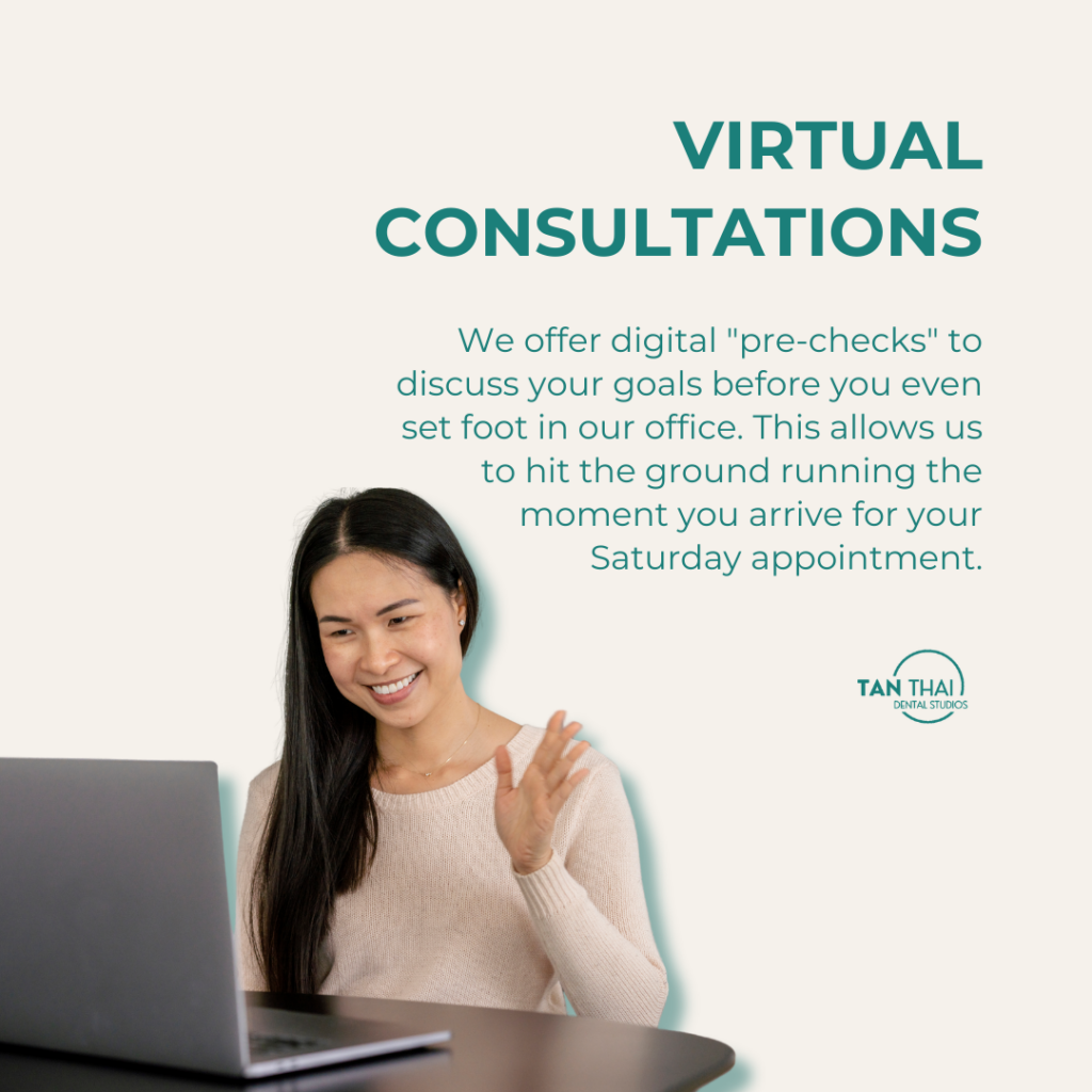 A woman waving during a virtual dental consultation on her laptop, featuring Tan Thai Dental Studios branding and text about digital pre-checks for Saturday appointments.