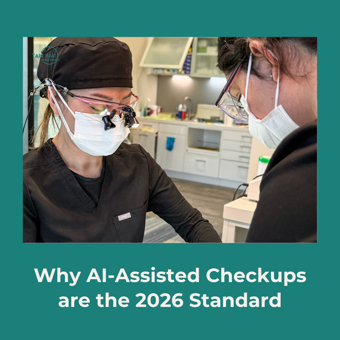 A dentist in a modern Vallejo dental office showing a patient a digital X-ray on a tablet, with AI software highlighting potential early-stage cavities in colorful outlines for better precision.